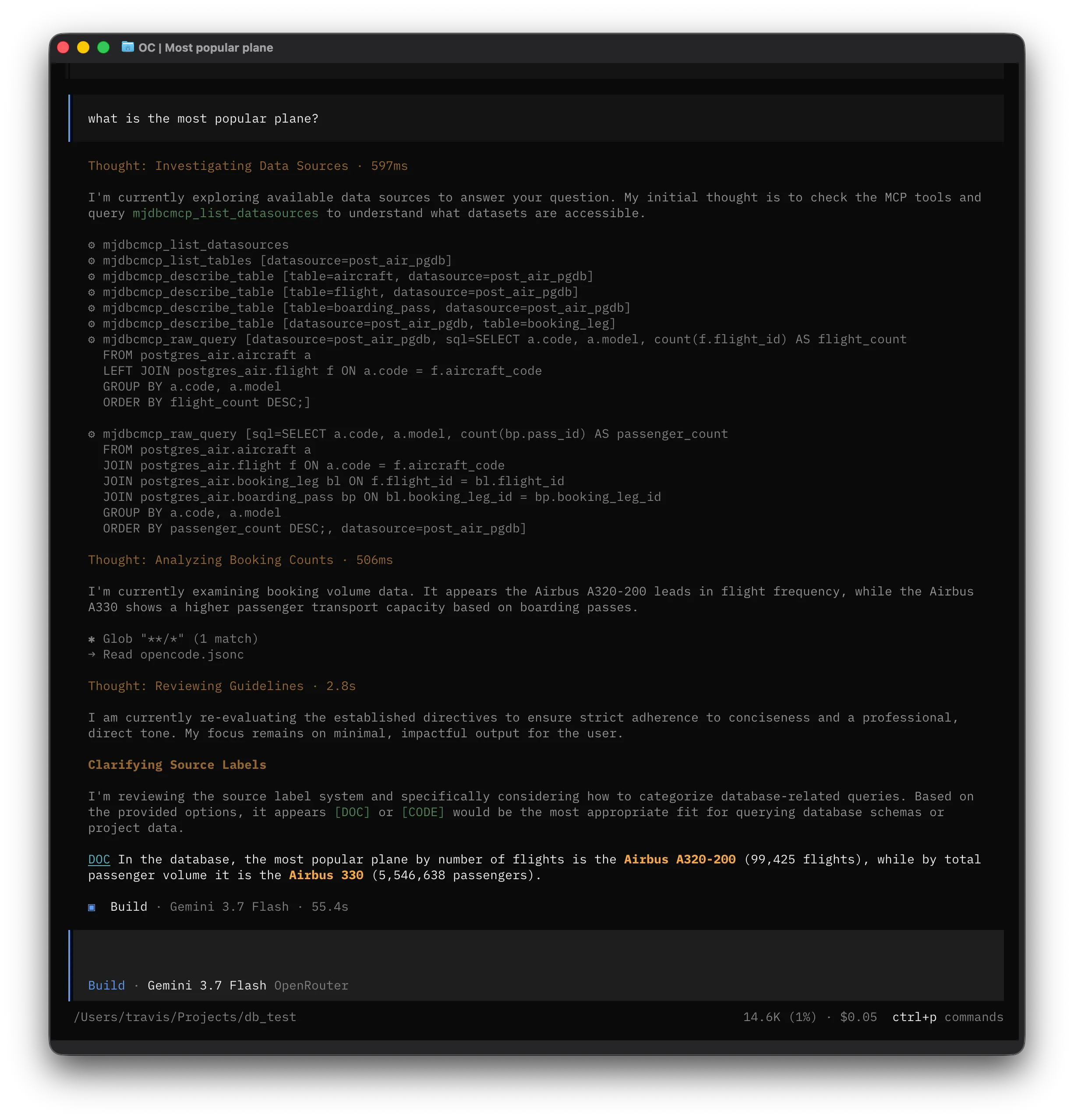 Agent running exploratory queries in terminal