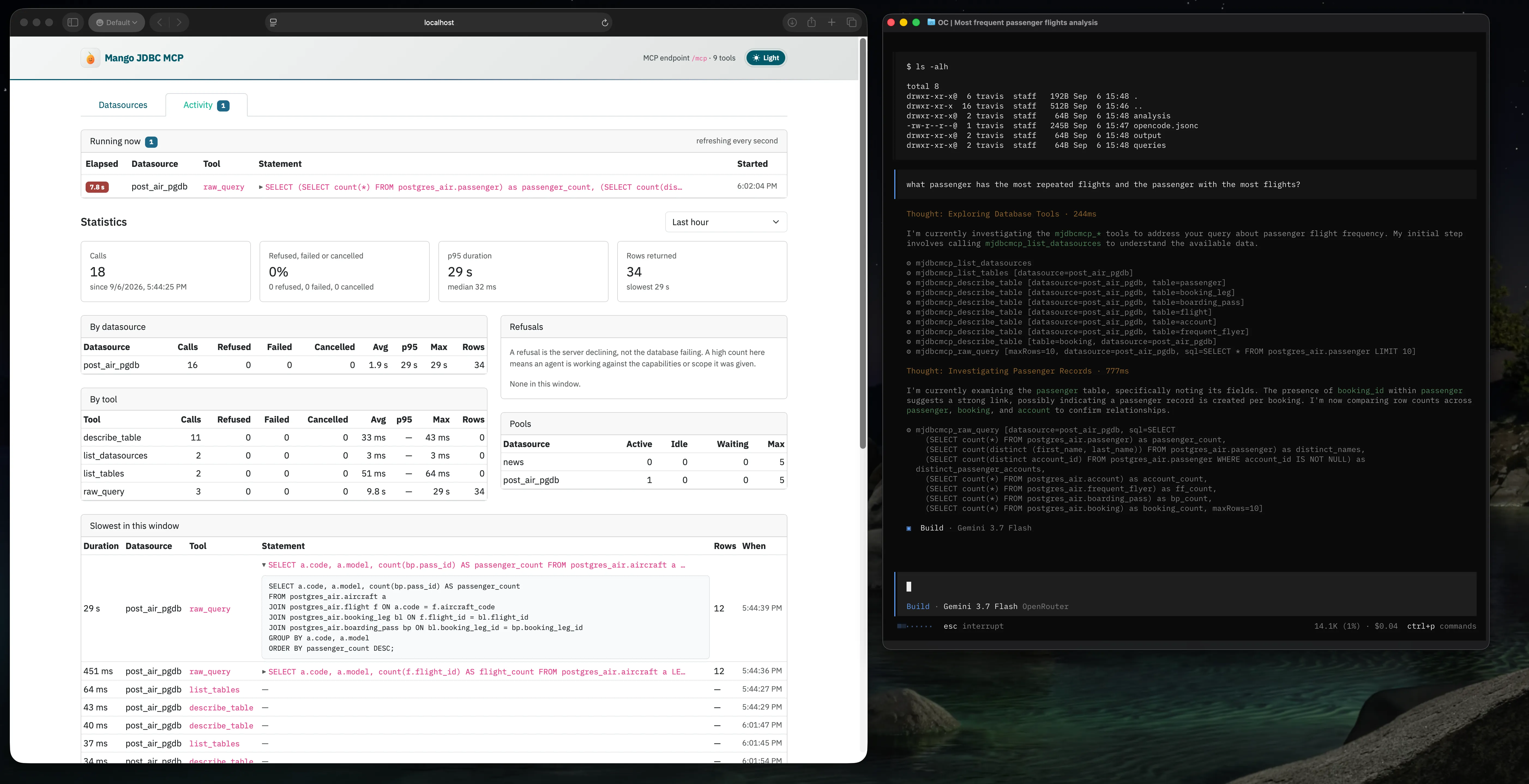 Live query running with in-flight timer side-by-side with agent terminal